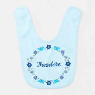 Blue Baby Boy Butterflies and Flowers Custom Name Bib