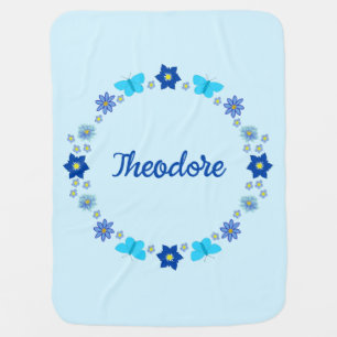 Blue Baby Boy Butterflies and Flowers Custom Name Blanket