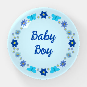 Blue Baby Boy Butterflies and Flowers Custom Paperweight