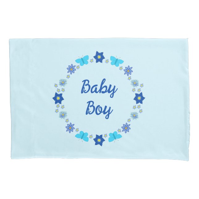 Blue Baby Boy Butterflies and Flowers Custom Pillow Case (Front)