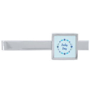 Blue Baby Boy Butterflies and Flowers Custom Silver Finish Tie Bar