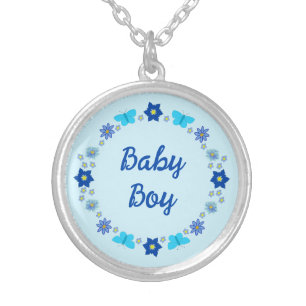 Blue Baby Boy Butterflies and Flowers Custom Silver Plated Necklace