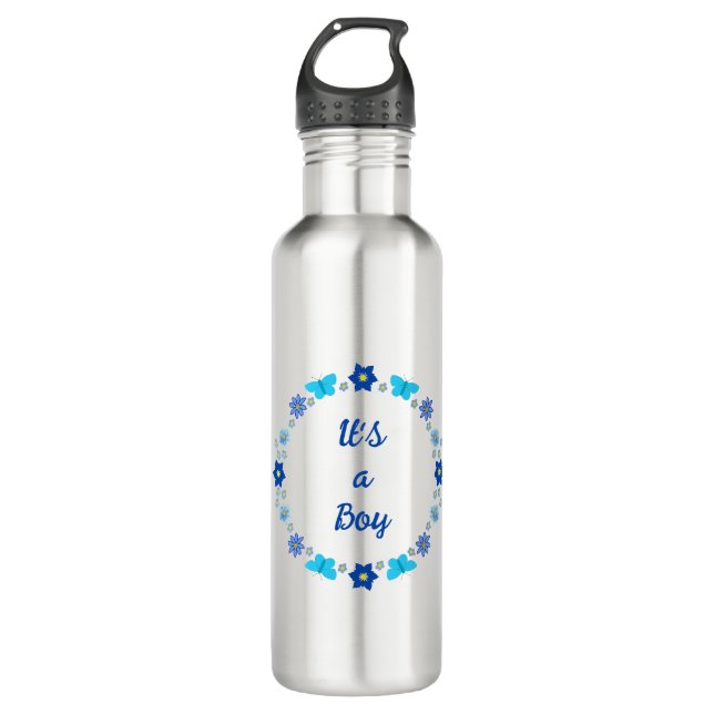 Blue Baby Boy Butterflies and Flowers Custom Stainless Steel Water Bottle (Front)