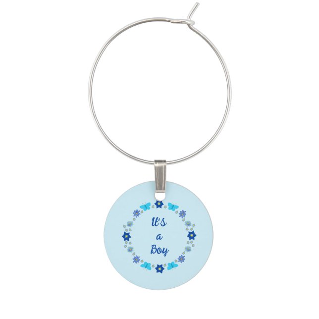 Blue Baby Boy Butterflies and Flowers Custom Wine Charm (Front)