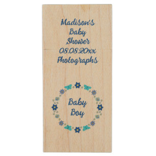 Blue Baby Boy Butterflies and Flowers Custom Wood Flash Drive