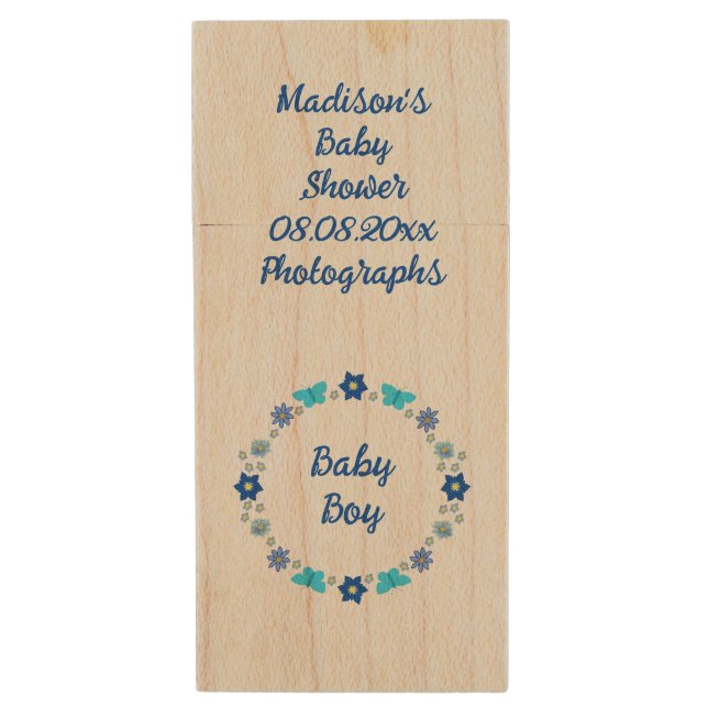 Blue Baby Boy Butterflies and Flowers Custom Wood Flash Drive (Front Vertical)
