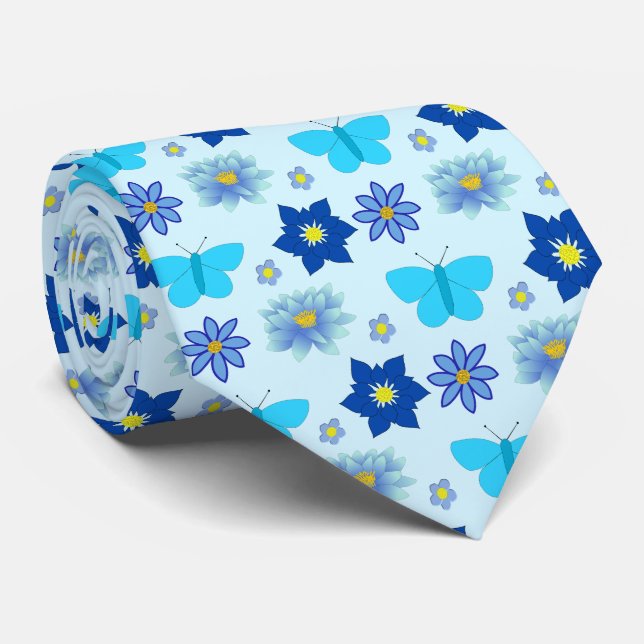 Blue Baby Boy Butterflies and Flowers Patterned Neck Tie (Rolled)