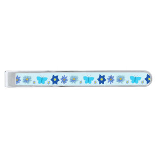 Blue Baby Boy Butterflies and Flowers Patterned Silver Finish Tie Bar