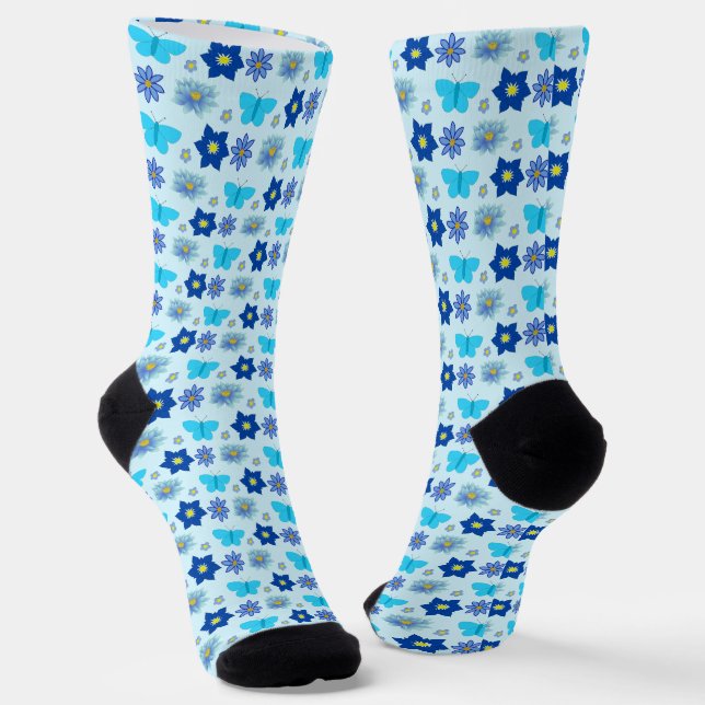 Blue Baby Boy Butterflies and Flowers Patterned Socks (Angled)