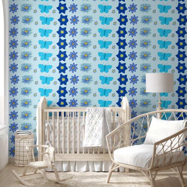 Blue Baby Boy Butterflies and Flowers Patterned Wallpaper (Kids)