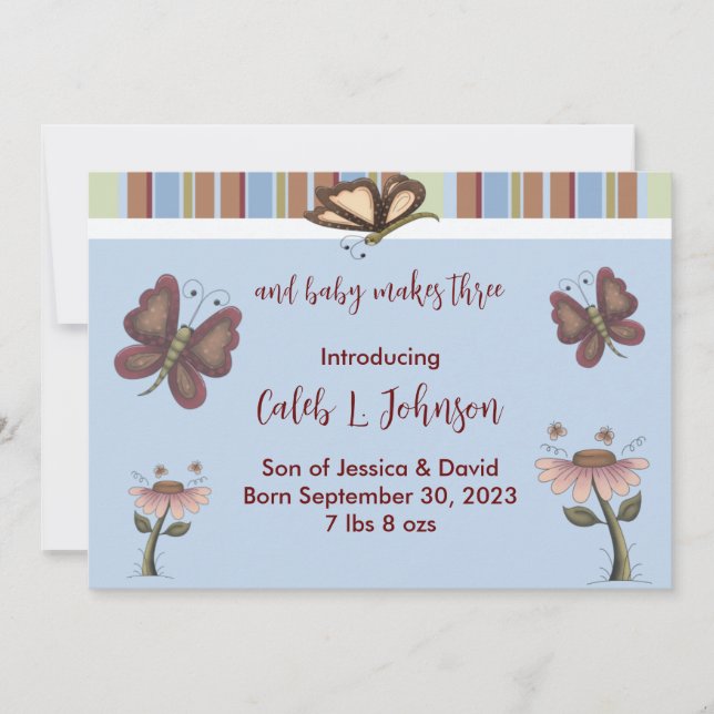 Blue Baby Boy Butterfly Flower Birth Announcement (Front)