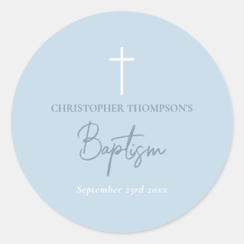 Blue Baby Boy Calligraphy Baptism  Classic Round Sticker