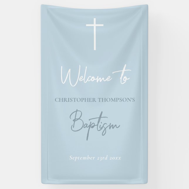 Blue Baby Boy Calligraphy Baptism Welcome Sign (Vertical)
