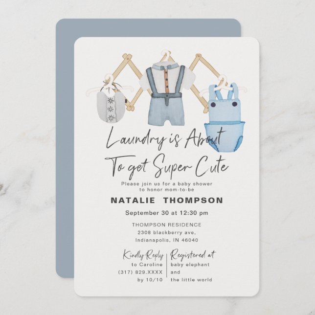Blue Baby Boy Clothes Laundry Cute Baby Shower Invitation (Front/Back)