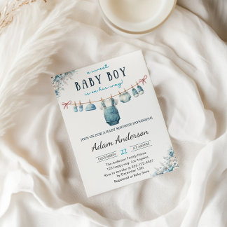 Blue Baby Boy Clothesline Baby Shower Invitation