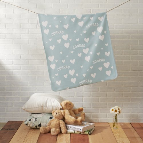 Blue Baby Boy Cute Hearts All over Personal Name Baby Blanket