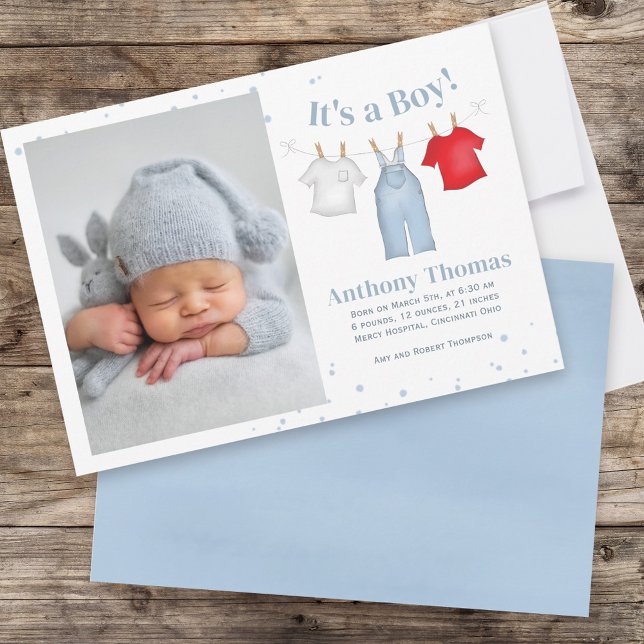 Blue Baby Boy Cute Photo Personalized Announcement (Creator Uploaded)