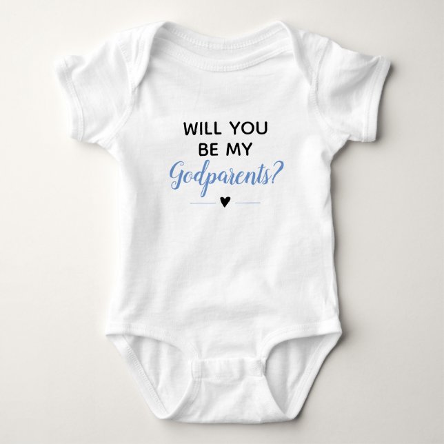 Blue Baby Boy Cute Will You Be My Godparents Baby Bodysuit (Front)