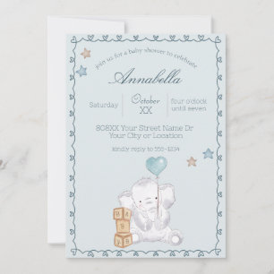 Blue Baby Boy Elephant and Balloon Watercolor Invitation