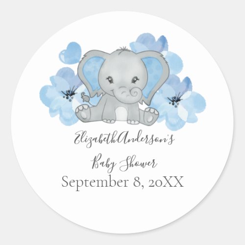 Blue Baby Boy Elephant Baby Shower Flowers Balloon Classic Round Sticker