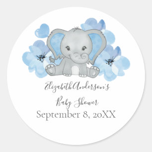 Blue Baby Boy Elephant Baby Shower Flowers Balloon Classic Round Sticker