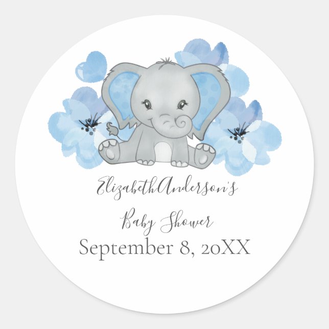 Blue Baby Boy Elephant Baby Shower Flowers Balloon Classic Round Sticker (Front)