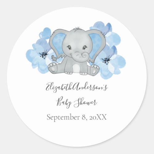 Blue Baby Boy Elephant Baby Shower Flowers Balloon Classic Round Sticker