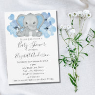 Blue Baby Boy Elephant Baby Shower Flowers Balloon Invitation