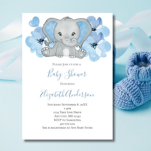 Blue Baby Boy Elephant Baby Shower Flowers Balloon Invitation