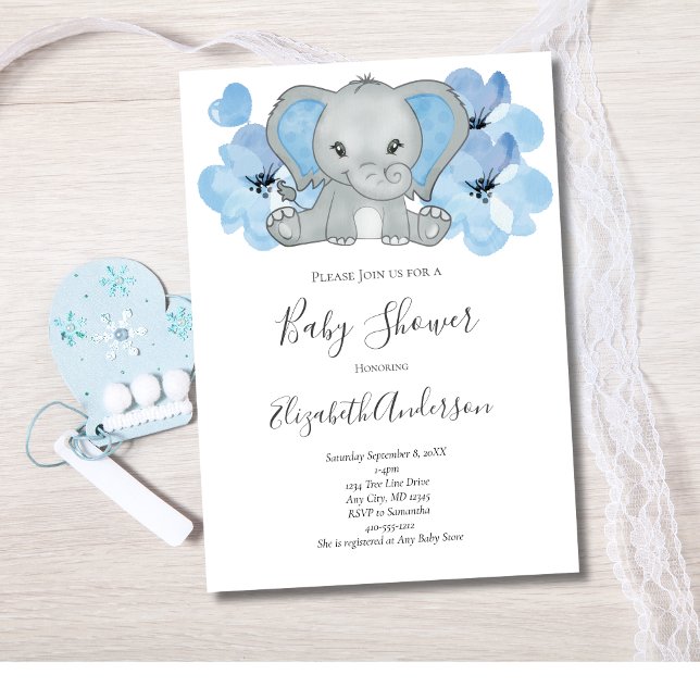 Blue Baby Boy Elephant Baby Shower Flowers Balloon Invitation (Blue and Gray Elephant Baby Boy Baby Shower Invitation)