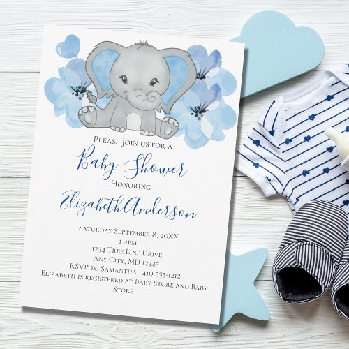 Blue Baby Boy Elephant Baby Shower Flowers Balloon Invitation