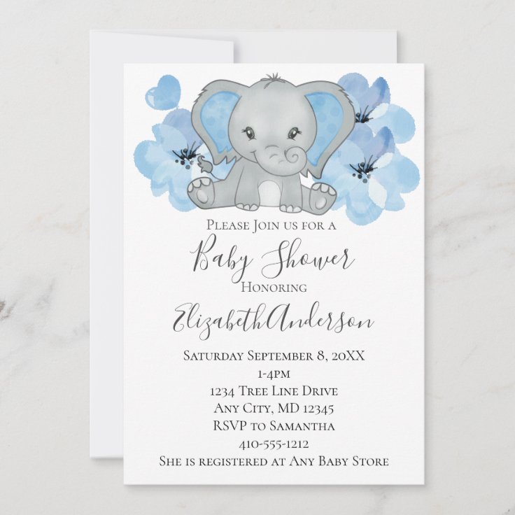 Blue Baby Boy Elephant Baby Shower Flowers Balloon Invitation | Zazzle