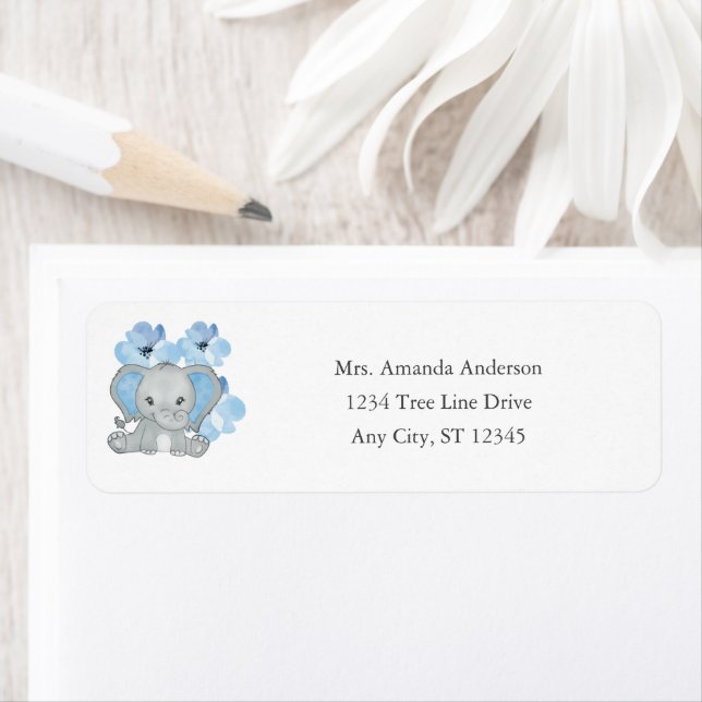 Blue Baby Boy Elephant Baby Shower Flowers Balloon Label (Insitu)