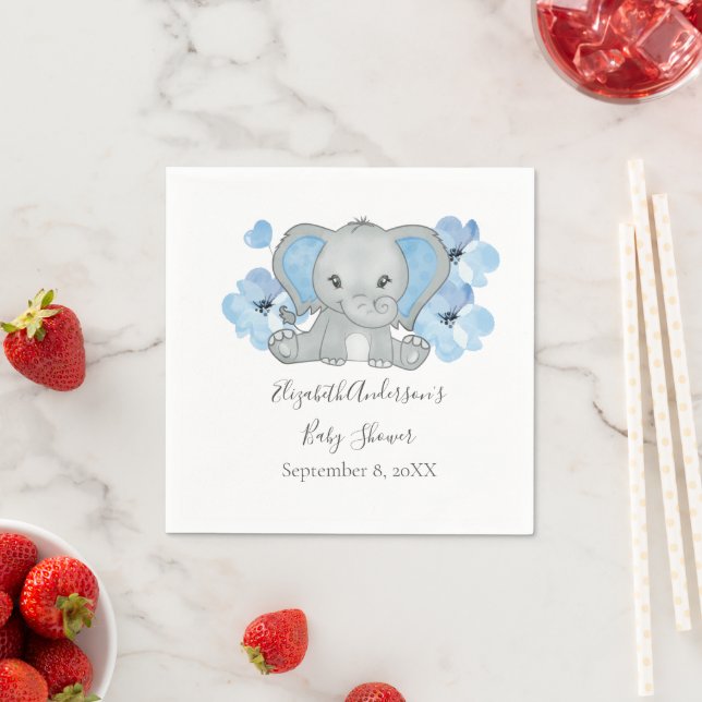 Blue Baby Boy Elephant Baby Shower Flowers Balloon Napkins (Insitu)