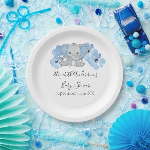 Blue Baby Boy Elephant Baby Shower Flowers Balloon Paper Plates