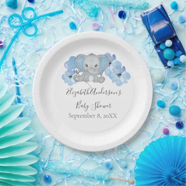 Blue Baby Boy Elephant Baby Shower Flowers Balloon Paper Plates (Party)