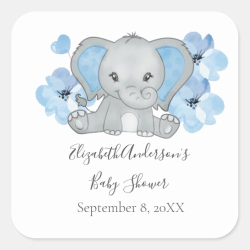 Blue Baby Boy Elephant Baby Shower Flowers Balloon Square Sticker
