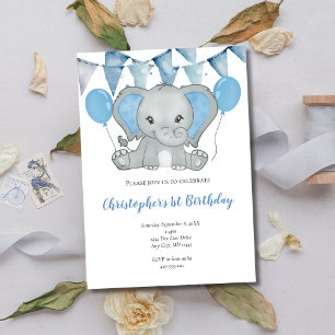 Blue Baby Boy Elephant Balloon 1st First Birthday Invitation