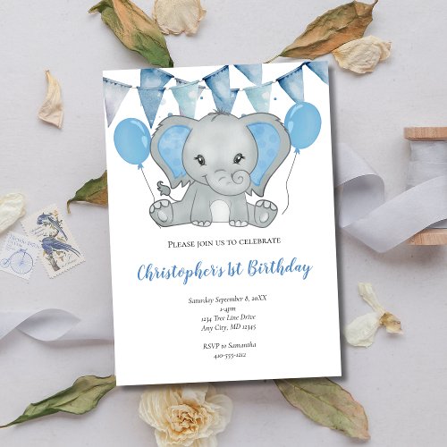 Blue Baby Boy Elephant Balloon 1st First Birthday  Invitation