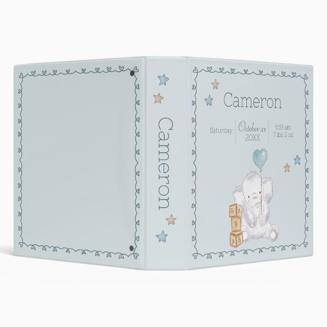 Blue Baby Boy Elephant Custom Name Birth Details 3 Ring Binder (Background)