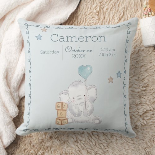 Blue Baby Boy Elephant Custom Name Keepsake Throw Pillow