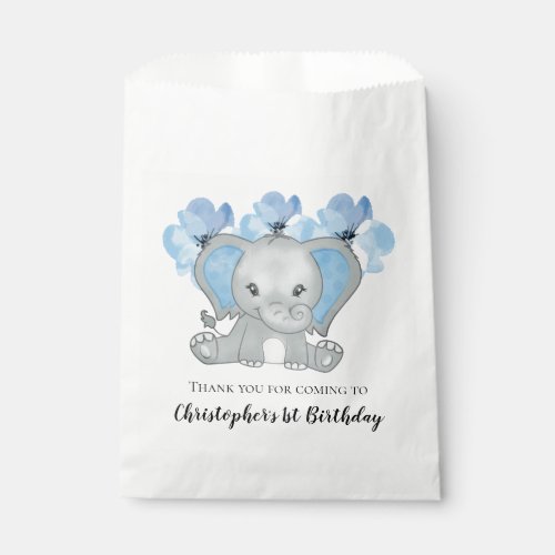 Blue Baby Boy Elephant Flowers 1st Birthday  Favor Bag