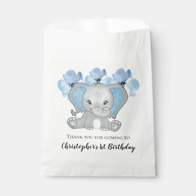 Blue Baby Boy Elephant Flowers 1st Birthday  Favor Bag (Front)