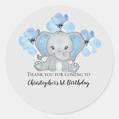 Blue Baby Boy Elephant Flowers Balloons Birthday  Classic Round Sticker