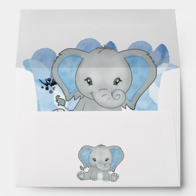Blue Baby Boy Elephant Flowers Balloons Birthday I Envelope (Back (Bottom))