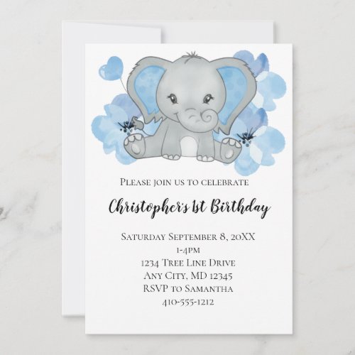 Blue Baby Boy Elephant Flowers Balloons Birthday I Invitation