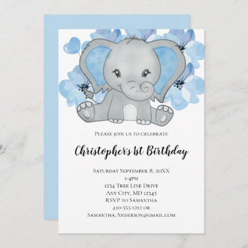 Blue Baby Boy Elephant Flowers Balloons Birthday  Invitation