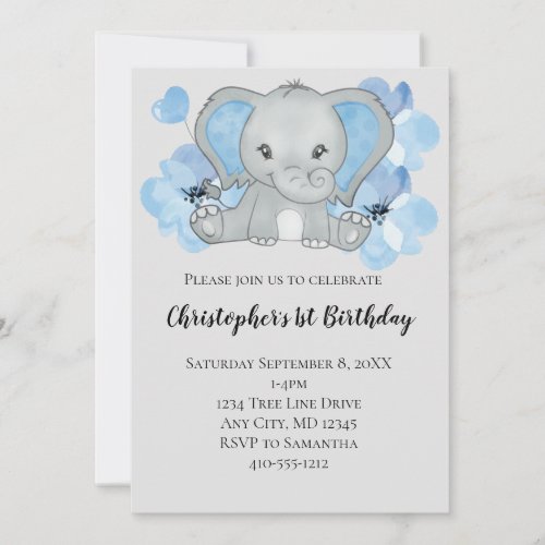 Blue Baby Boy Elephant Flowers Balloons Birthday Invitation