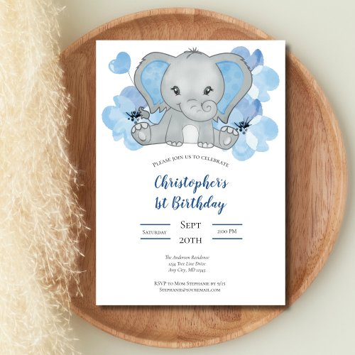 Blue Baby Boy Elephant Flowers Balloons Birthday  Invitation
