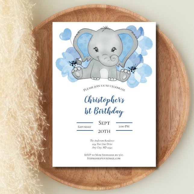 Blue Baby Boy Elephant Flowers Balloons Birthday  Invitation (Blue Gray Elephant Flowers Balloons Baby 1st Birthday Invitation, Printed or Digital Download)
